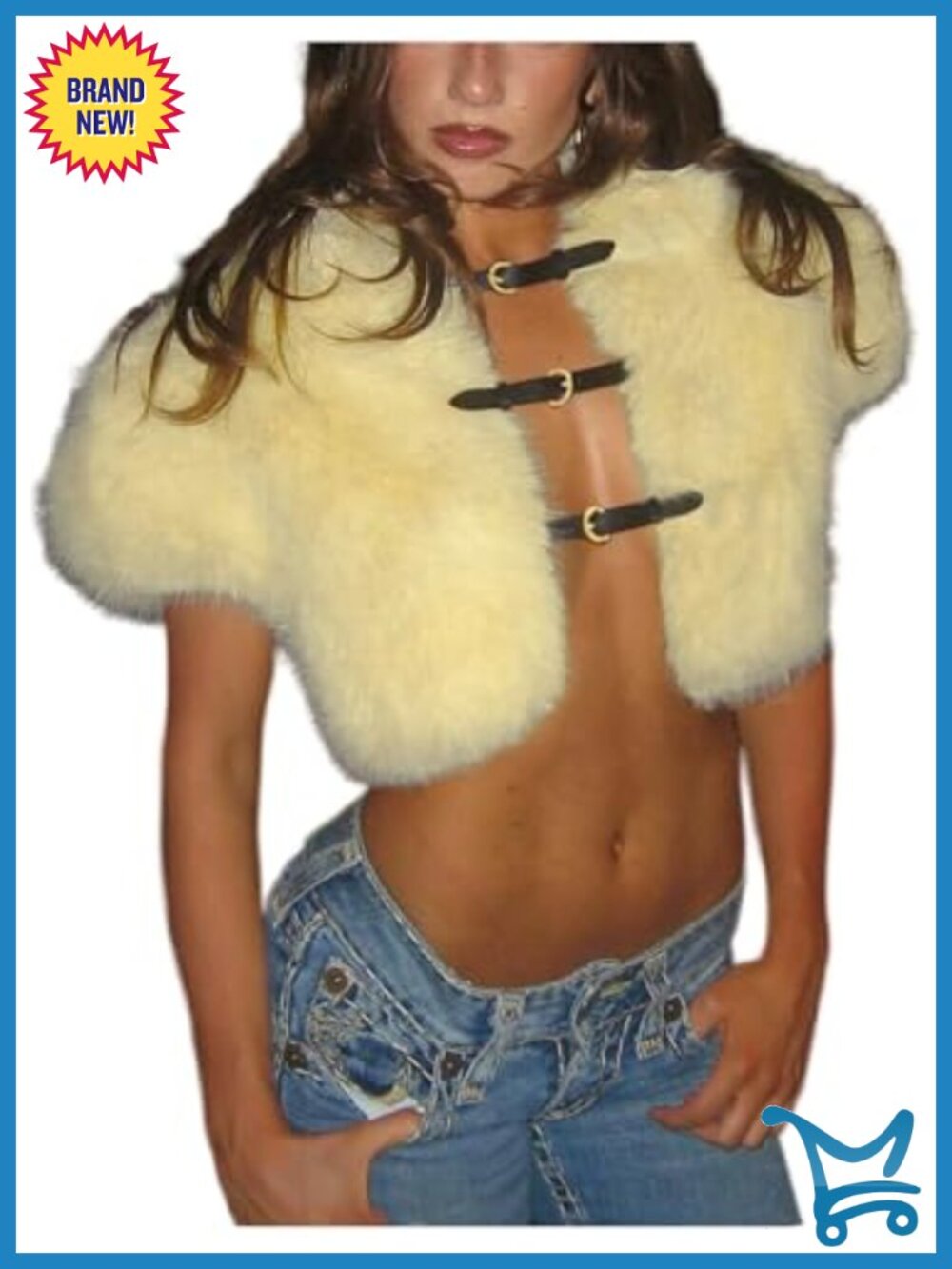 Faux Fur Crop Top Jacket Short Sleeve Buckle Closure Going Out Y2K
